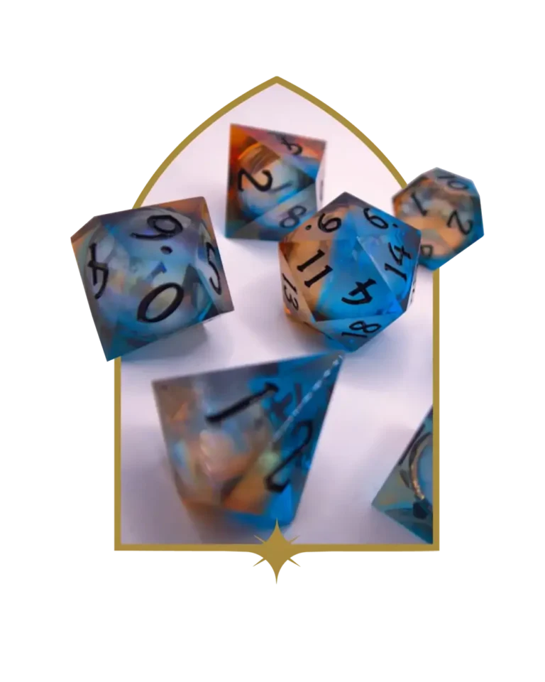 dés polyédriques illustrés, détourés sur fond clair, café de l'imaginaire Je(u) Rêve à Brest, librairie et boutique de jeux