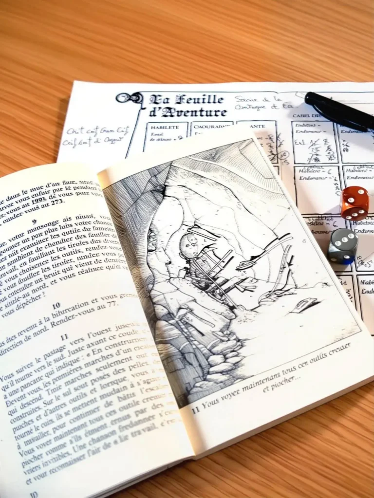 Livre dont vous êtes le héros ouvert sur une feuille d’aventure, dés et stylo sur une table au café de l'imaginiaire Je(u) Rêve à Brest, librairie et jeux de rôle et de société
