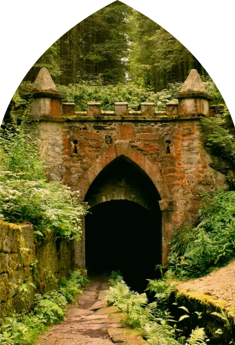 Portail gothique en pierre, encadré de verdure et forêt, chemin menant à l’entrée ambiance fantasy café de l'imaginaire Je(u) Rêve à Brest, librairie et boutique de jeux