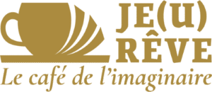 Logo Je(u) Rêve : tasse stylisée et livre ouvert, texte “Le café de l’imaginaire”
